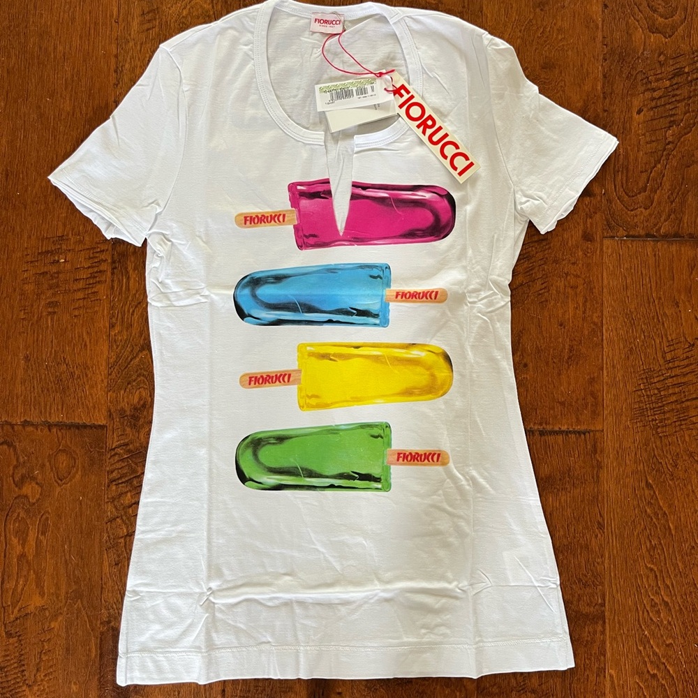 Fiorucci White Tee with Pink Blue Yellow Green Popsicle Graphic New With Tags